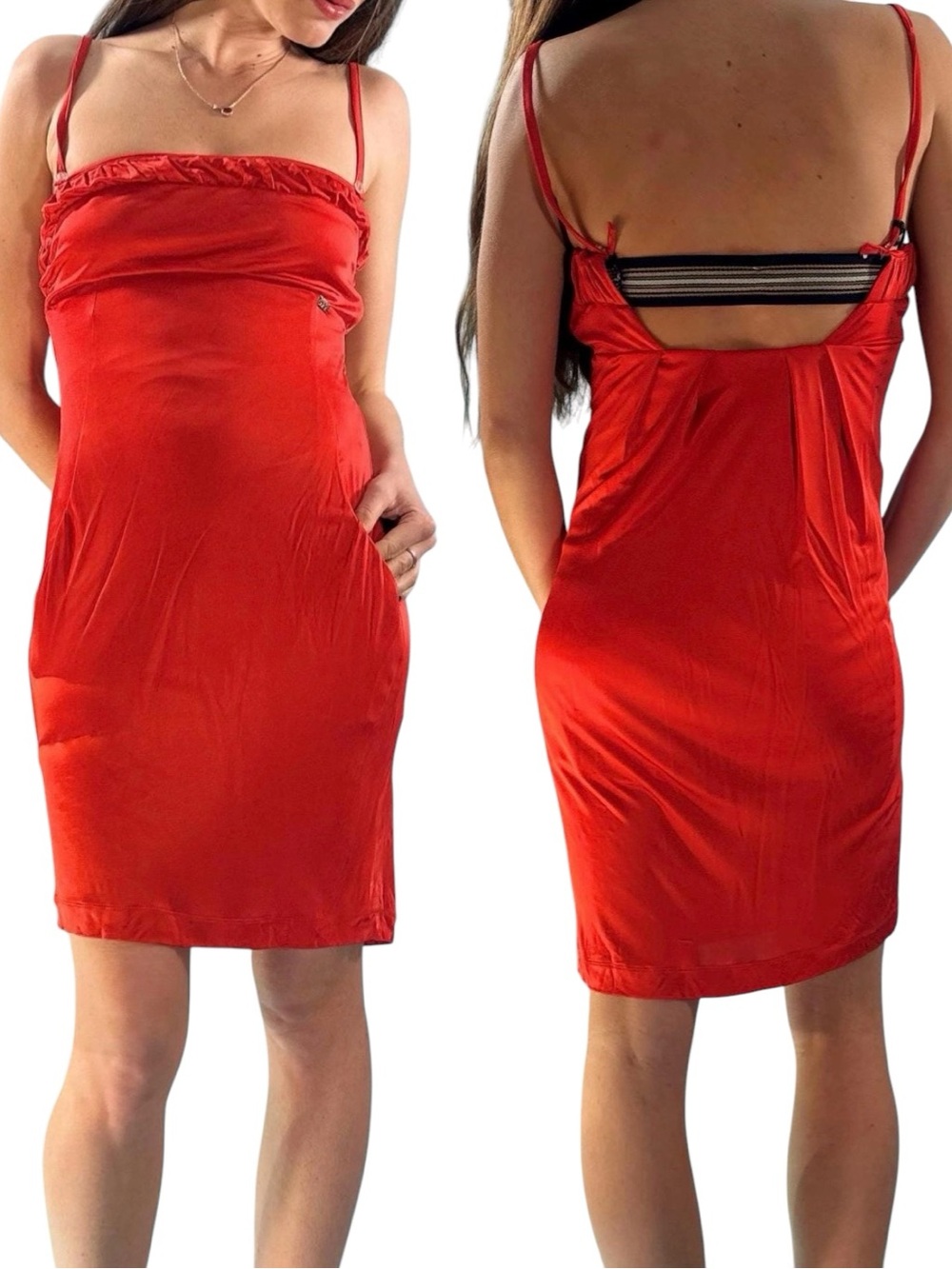 Miss Sixty Red Satin Ruched Mini Dress Spaghetti Strap Small Y2K